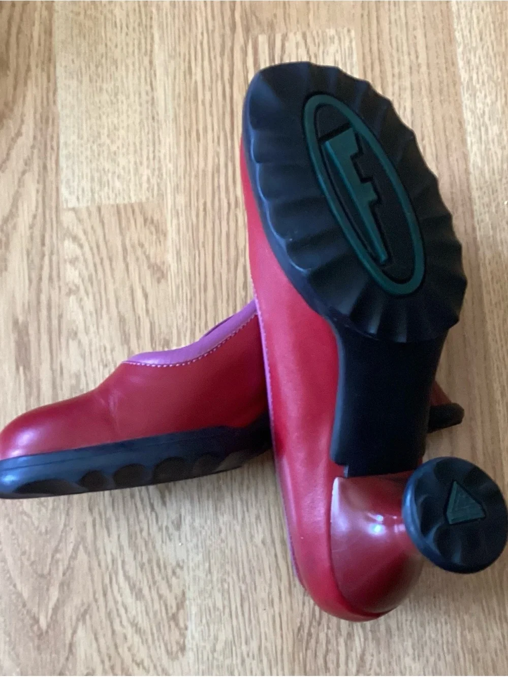 John Fluevog Red Leather Pumps With Purple Trim, Size 12, Spool Heel